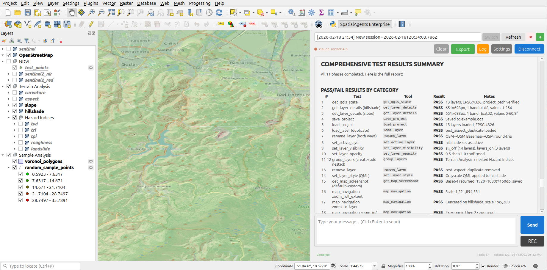 SpatialAgents Enterprise QGIS Plugin: Comprehensive test results – Claude Sonnet 4.6 controls QGIS autonomously, 70 tests passed