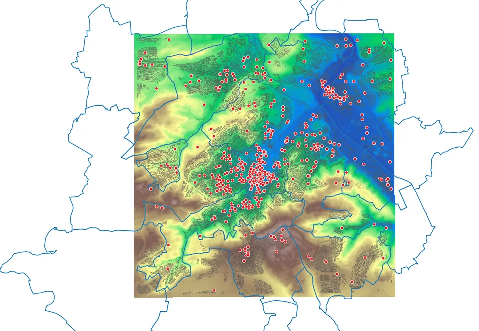 DEM, lokale OSM-Basemap, Restaurants, Gebäude und Bezirke im Stuttgarter Untersuchungsraum.