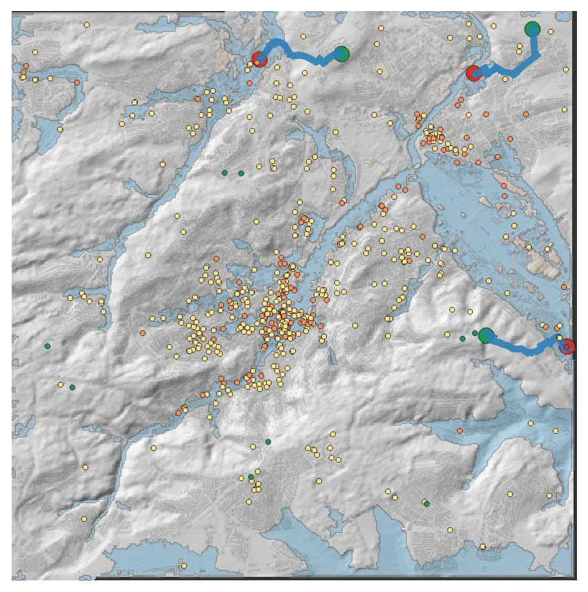 Hillshade, 2-m-Inundation, Gebäude, Restaurants und Routen sind in einer gemeinsamen QGIS-Ansicht kombiniert.