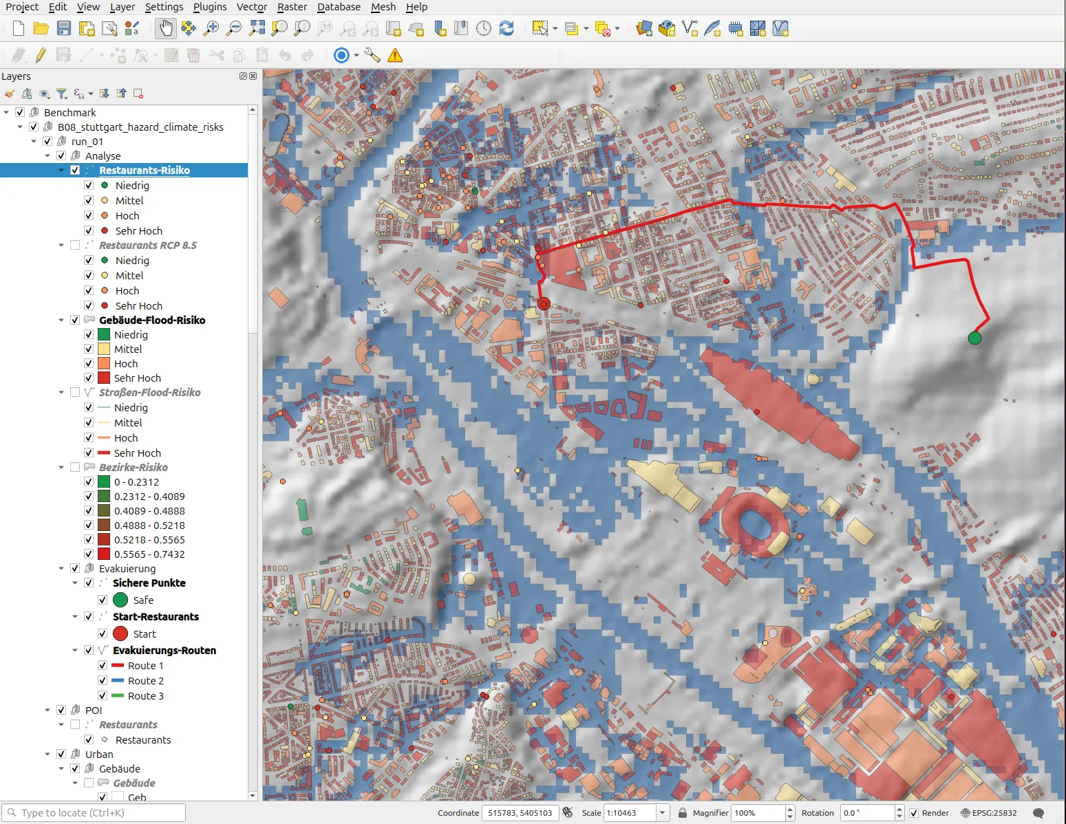 QGIS-Projekt aus SpatialAgents Benchmark 08 mit Gefahrenebenen, Expositionsanalyse und Evakuierungsrouten