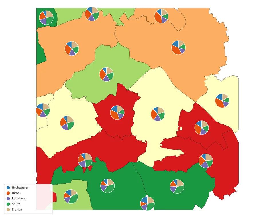 Dieselben Bezirke mit Tortendiagrammen aus fünf Einzelgefahren je Fläche.