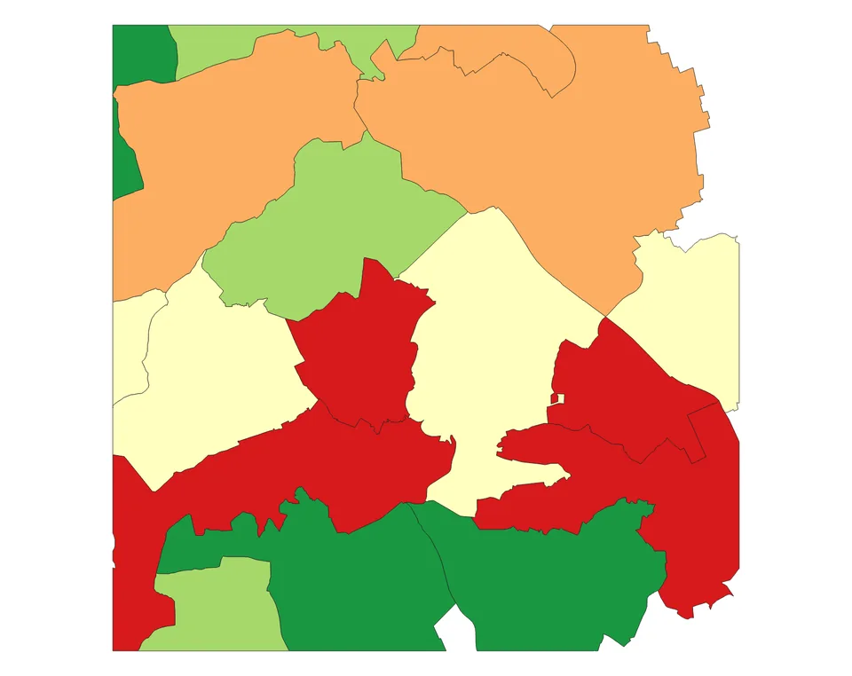 Achtzehn Stadtbezirke, eingefärbt nach dem Gesamtindex, eine Zahl je Fläche.